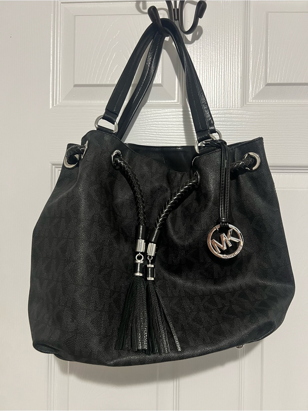 Michael Kors Black Logo Drawstring Shoulder Bag with Tassels